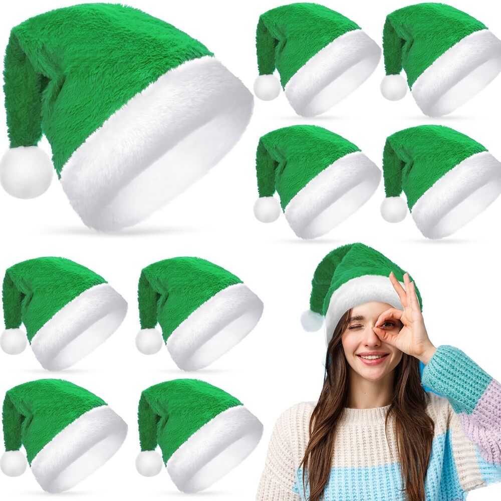 8862 10 Pcs Santa Hat Christmas Plush Hat Large Traditional Holiday Claus